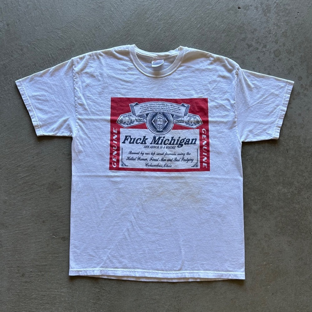 Vintage 90s Budweiser Parody Shirt Size XL White F*ck Michigan Funny Ohio State